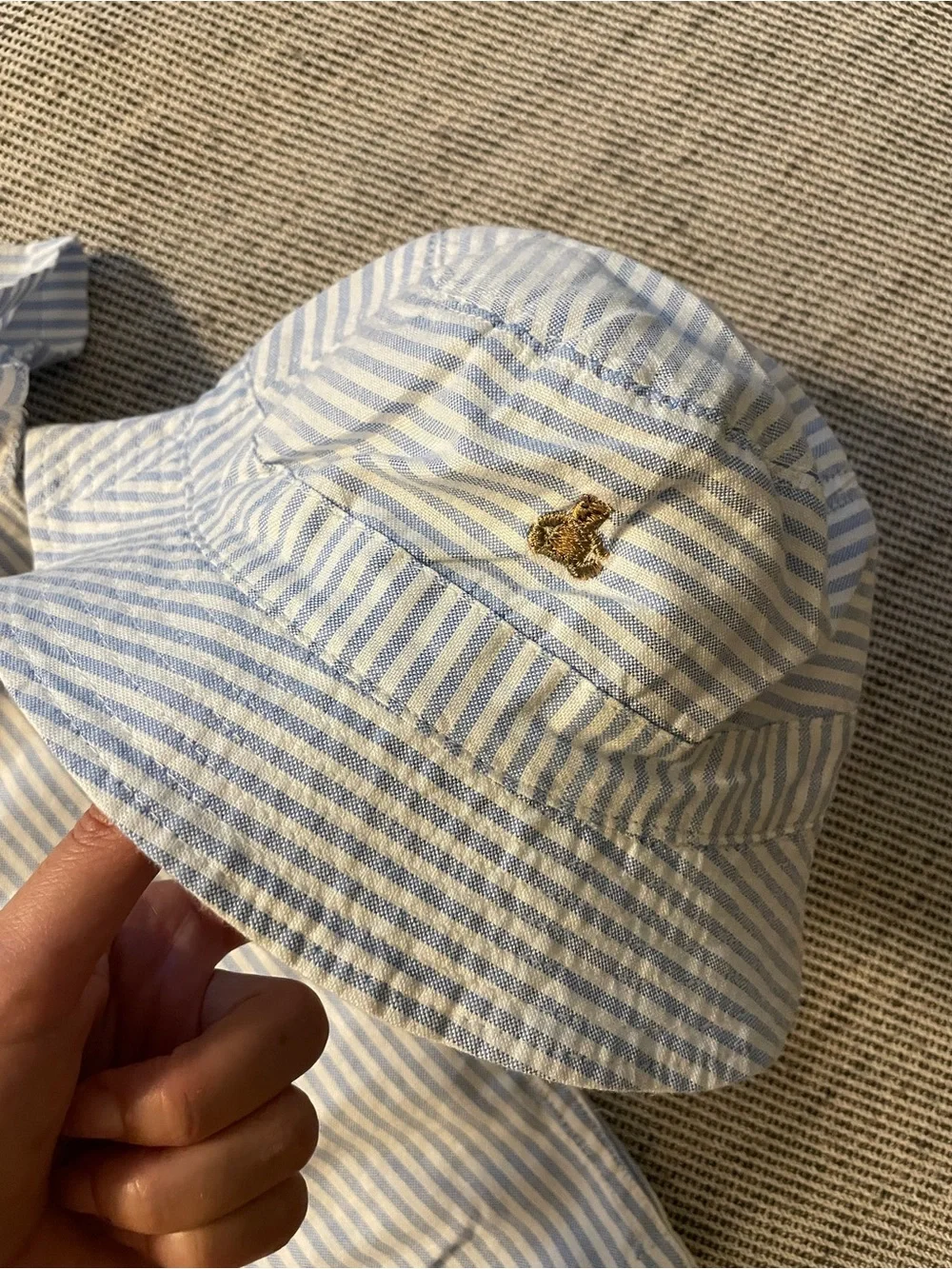 GAP Blue and White Striped Baby Romper with Hat